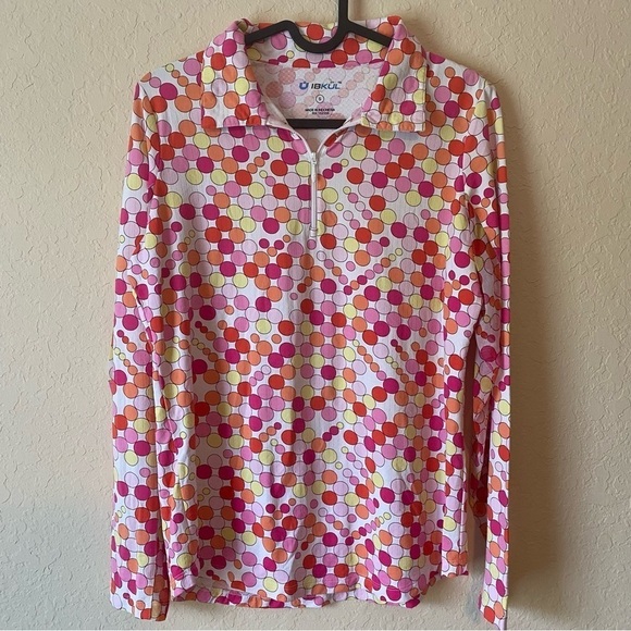 IBKUL | Women's Polka Dot Pink Orange Long Sleeve 3/4 Zip Pullover Size Small - Picture 1 of 6